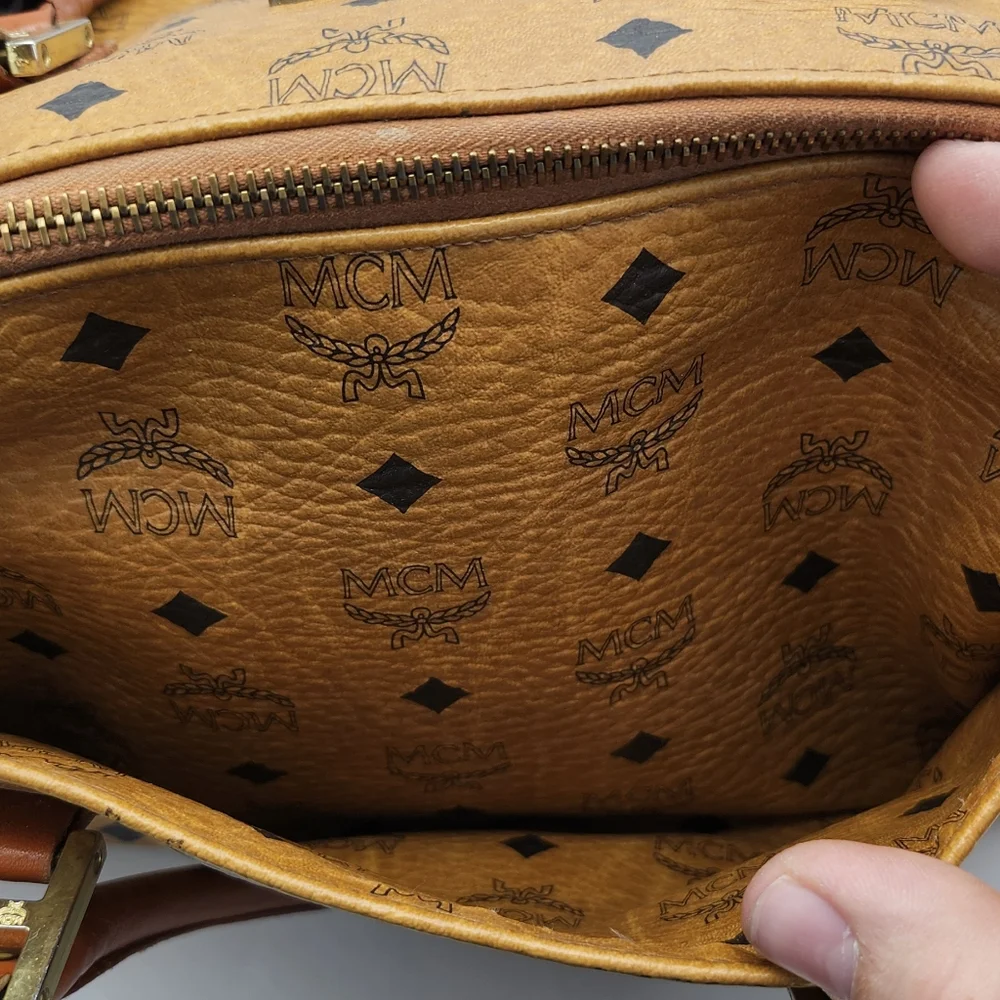 MCM Cognac Brown Monogram Satchel with Gold Hardware
